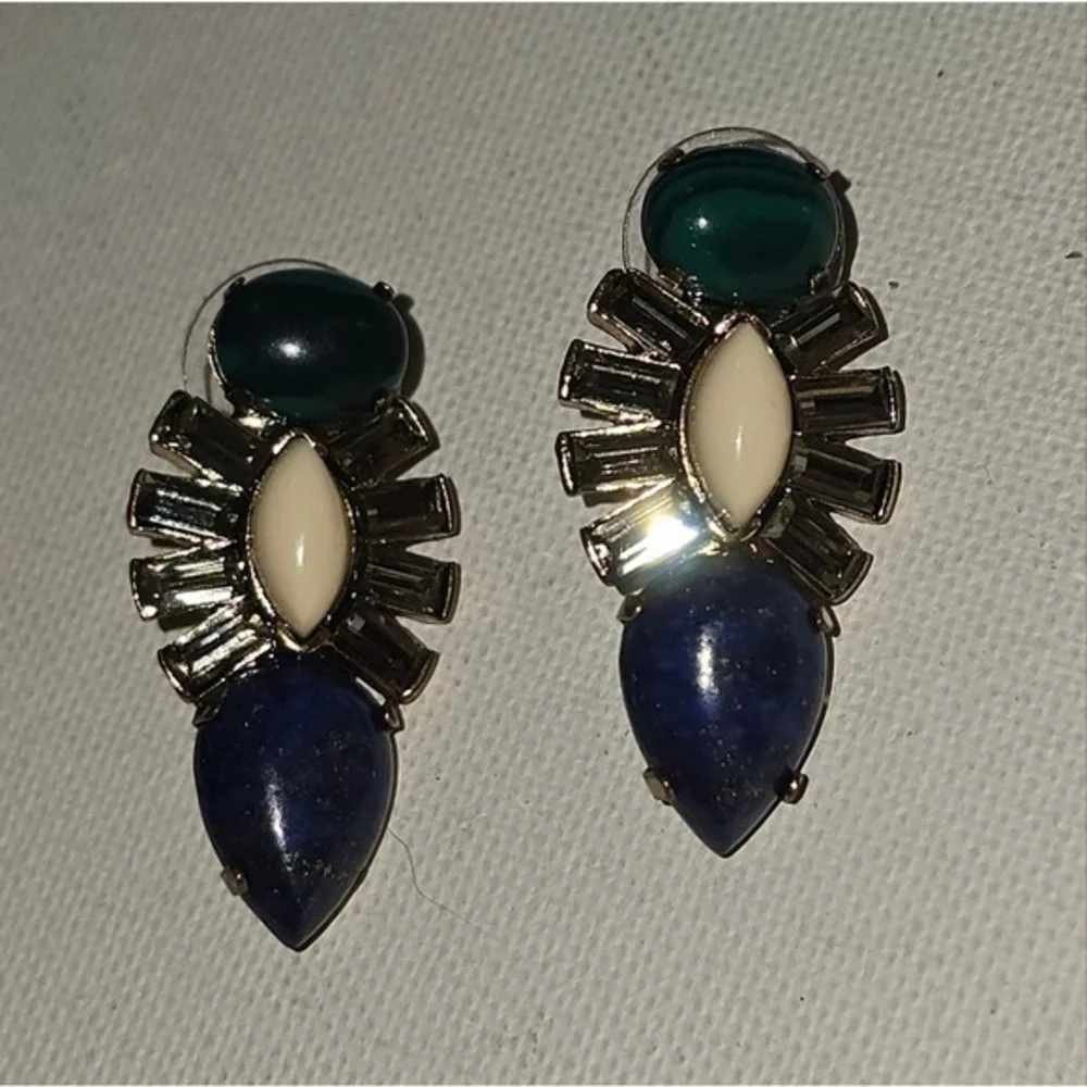 J‎ Crew Blue Green Cream Geometric Statement Drop Earrings Gold Baguette Crystal